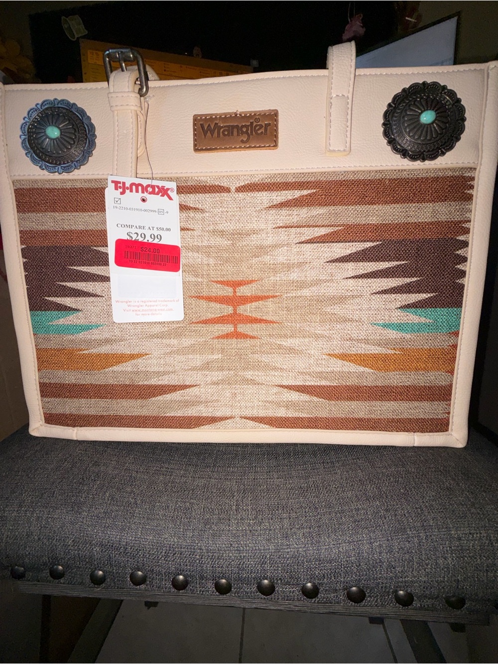 Wrangler Cream, Brown, Turquoise & Orange Southwestern Tote